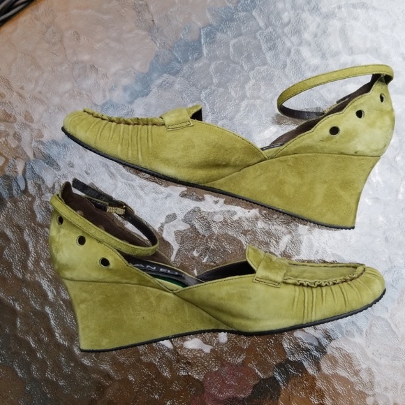 Green Suede Wedge Penny Loafer with Ankle Strap - Picture 6 of 7